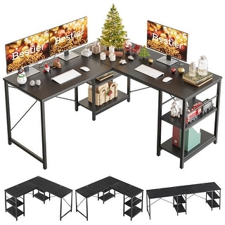 95.5 inches L-Shaped Computer Desk Long Table for Home Office Charcoal ...