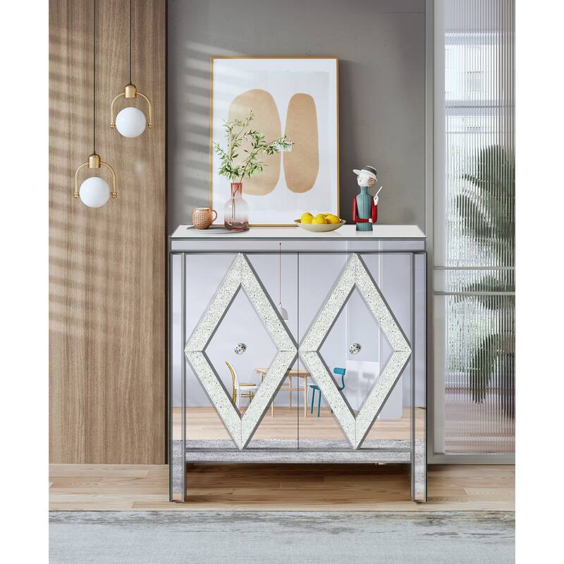 GDFStudio - DiamondLuxe Glam Mirrored Storage Cabinet with Crystal Handles