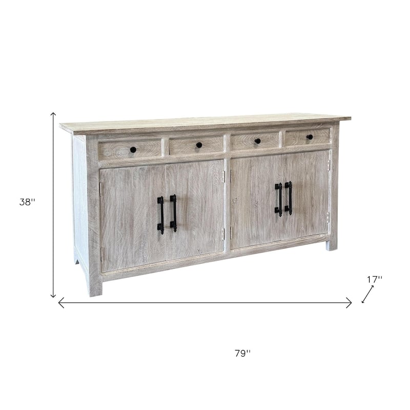 HomeRoots 79" White Distressed Solid Wood Paneled Four Drawer Sideboard with Four Doors - 79.00 in. x 38.00 in. x 17.00 in.