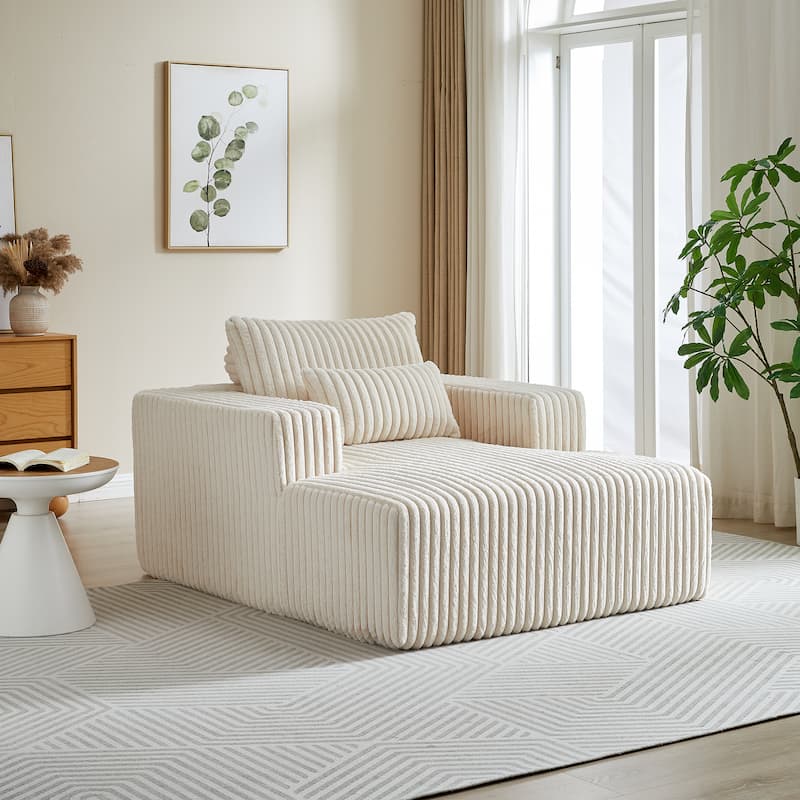 Beige Corduroy Sofa Lounge Chair with 2 Pillows