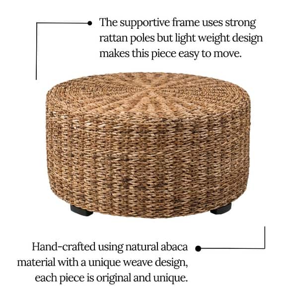 dimension image slide 2 of 4, Hand-Woven Natural Abaca Wood Round Coffee Table Ottoman by East at Main