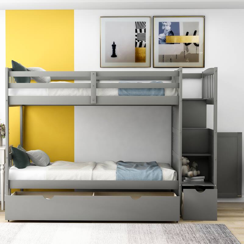 Convertible Twin over Full Bunk Bed with Storage Drawers and Shelves, Space-Saving Staircase Design, Gray