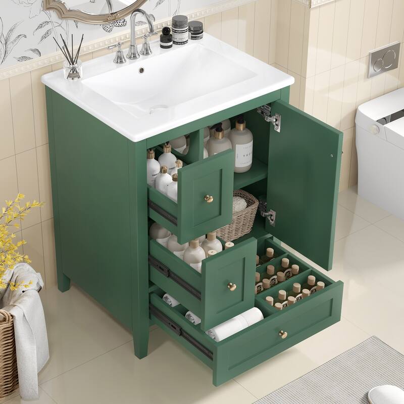 24-Inch Bathroom Vanity with Storage, Adjustable Shelf, MDF & Rubberwood, Removable Dividers - Dark Green
