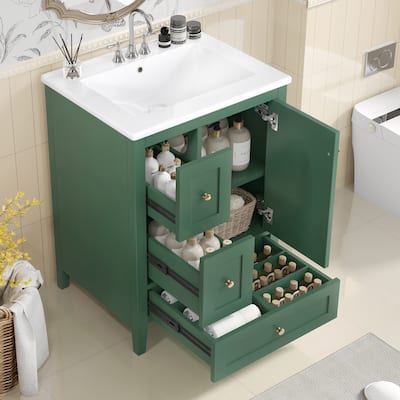 24-Inch Bathroom Vanity with Storage, Adjustable Shelf, MDF & Rubberwood, Removable Dividers