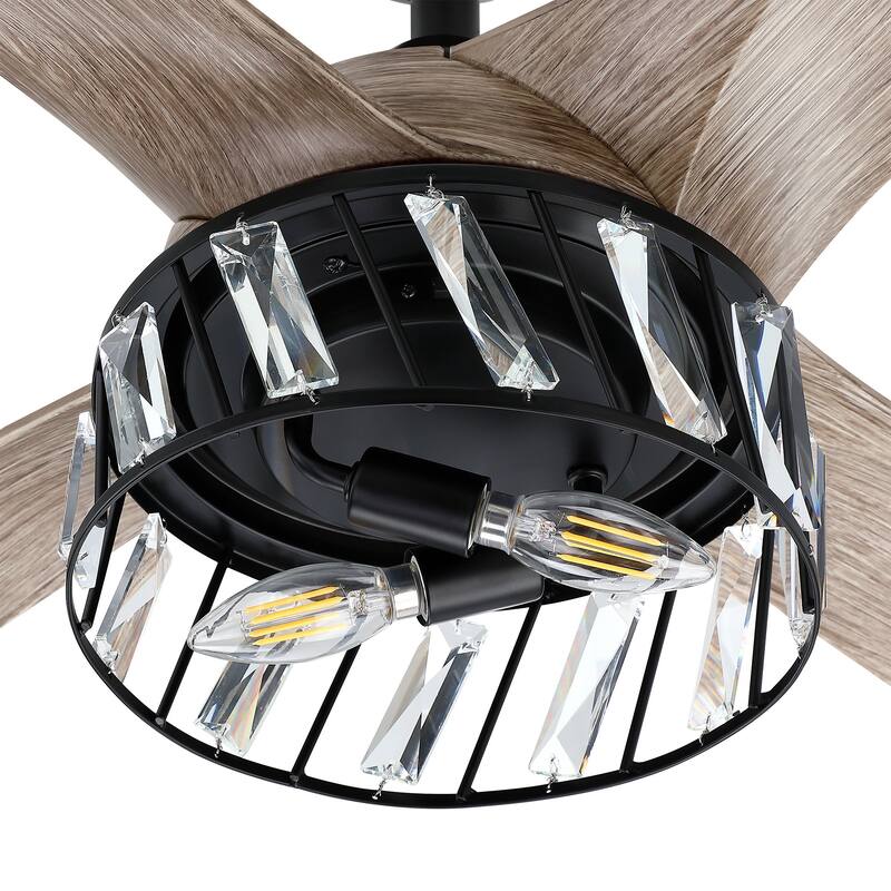 52-in Matte Black Modern Crystal LED Chandelier Ceiling Fan with Downrod and Remote