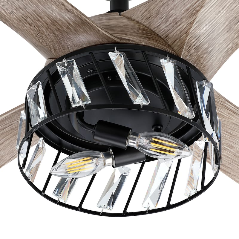 52-inch Matte Black Modern Crystal LED Chandelier Ceiling Fan with Downrod and Remote
