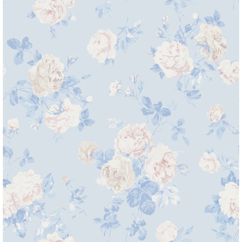 LoveShackFancy A-Street Prints Everblooming Rosettes Whisper Blue Cabbage Rose Bouquets Wallpaper