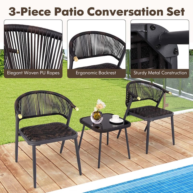 3 PCS Patio Rattan Furniture Set Padded Chairs Set w/ Side Table