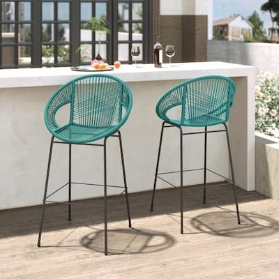Outdoor Patio Teal Faux Wicker Barstool, Set of 2