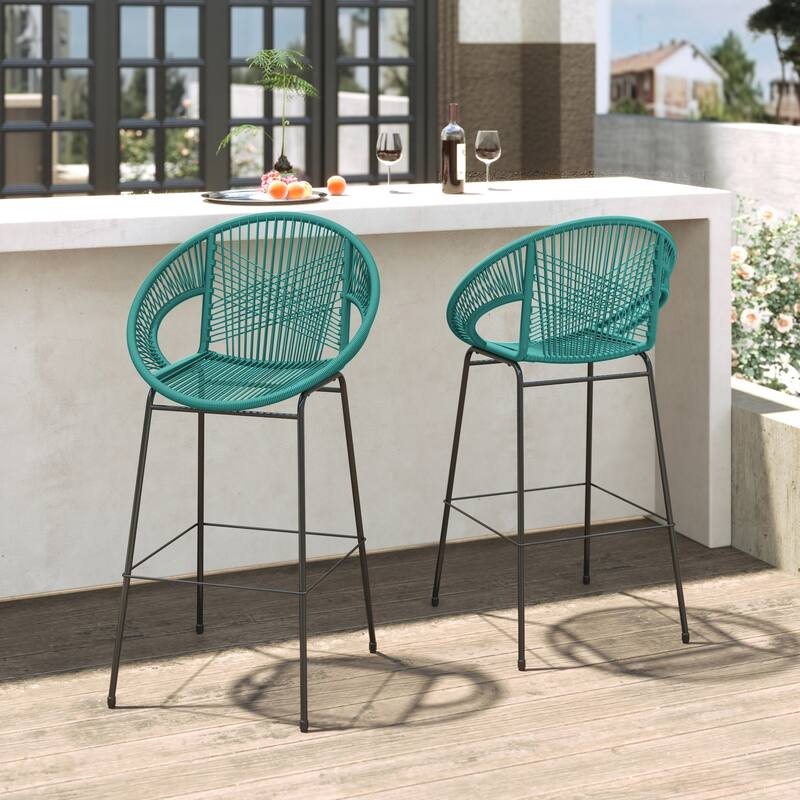 Roomfitters Ferrara Outdoor Faux Wicker Barstools with Metal Frame, Modern Patio Seating, Set of 2