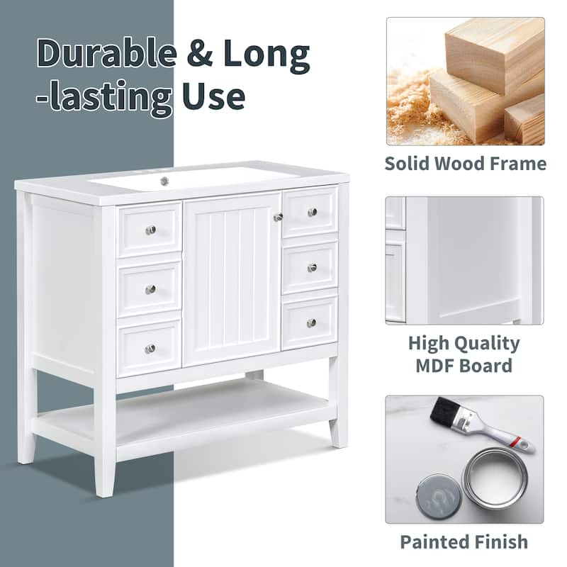 36" Bathroom Vanity with Sink Combo, One Cabinet and Three Drawers, Solid Wood and MDF Board