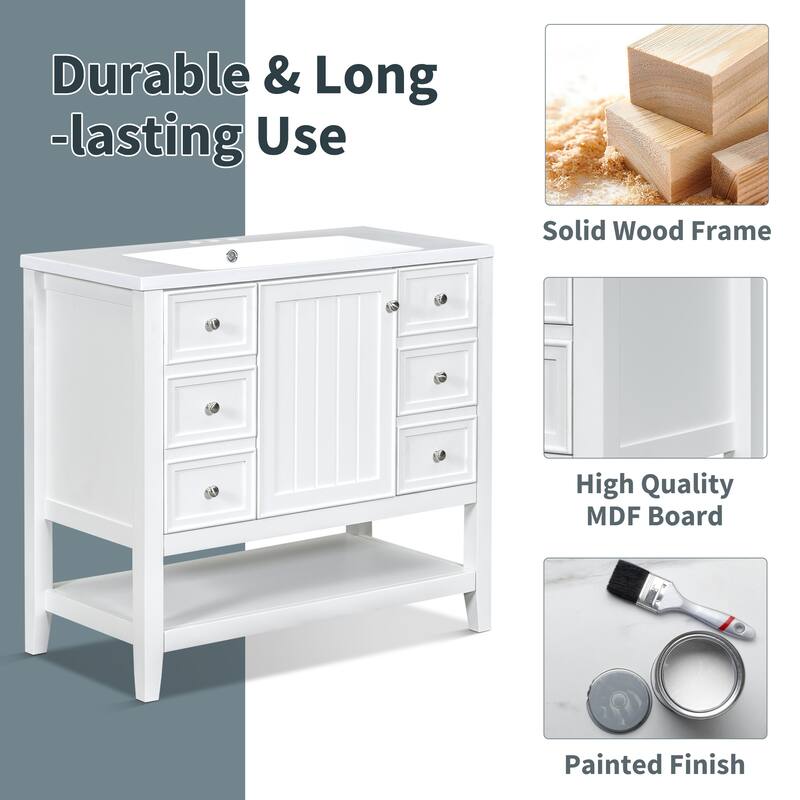 36-Inch Bathroom Vanity Set with Integrated Sink‌ – Features One Cabinet, Three Drawers, and Durable Solid Wood/MDF Construction