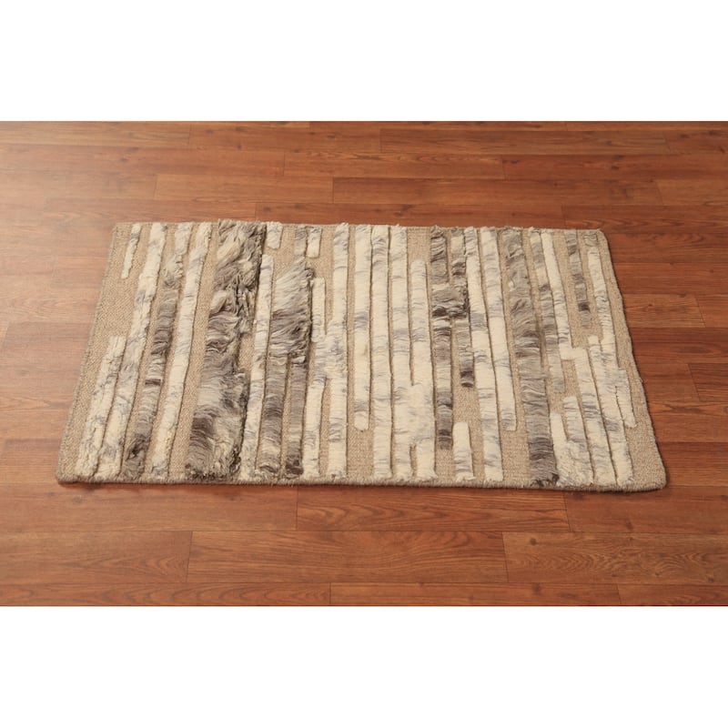 Striped Abstract Moroccan Indian Accent Rug Hand-Knotted Wool Carpet - 2'0"x 3'0"