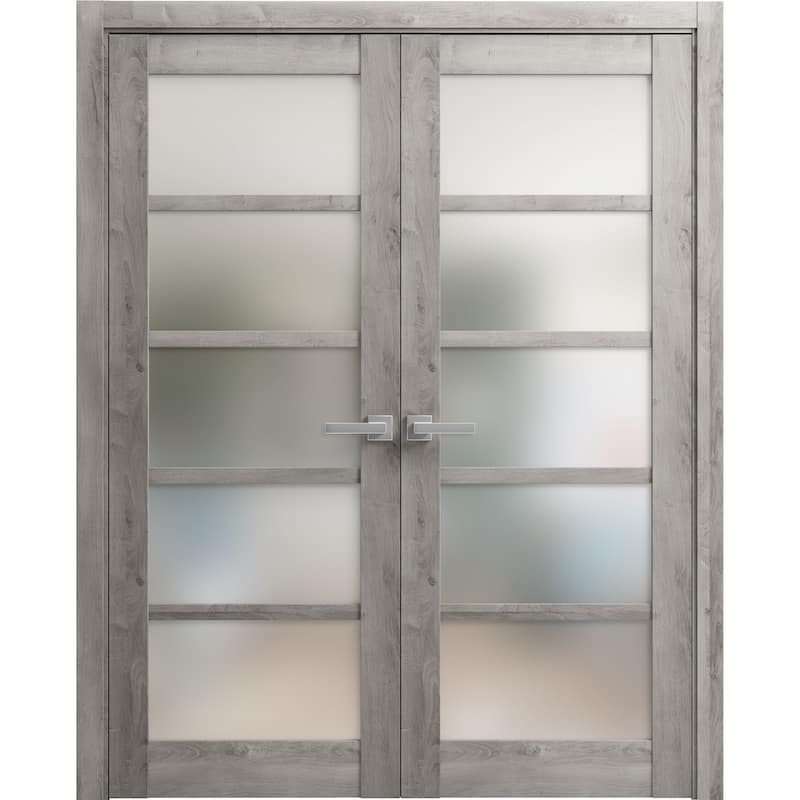 SartoDoors Quadro 4002 | Interior French Doors Double French | Solid Wood w/ Glass | Slab Only | 36x80, Oak - Grey - 84 x 96