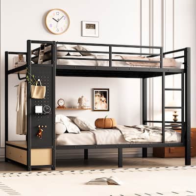 Full over Full size Metal Bunk Bed for Teens with Storage Shelves,Drawers and Pegboard,Black