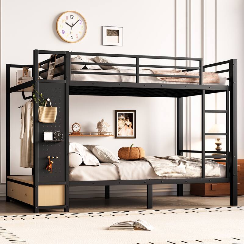 Multifunctional Full Over Full Bunk Bed for Teens with Built-in Wardrobe, Open Shelf, Drawers and Pegboard, Metal Bed Frame