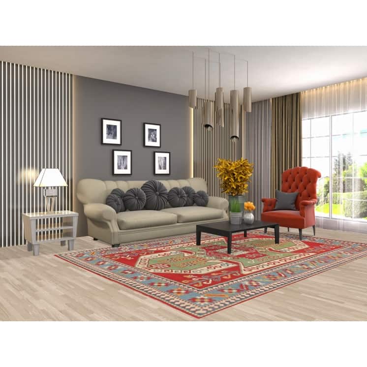 Green & Red Kazak Area Rug Hand-Knotted Wool Carpet - 6'7" x 9'7"