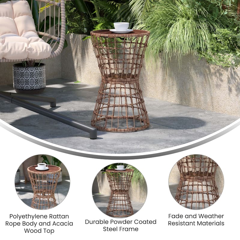 Indoor/Outdoor Boho Rattan Rope Table with Acacia Wood Top - 15.75"W x 15.75"D x 25"H