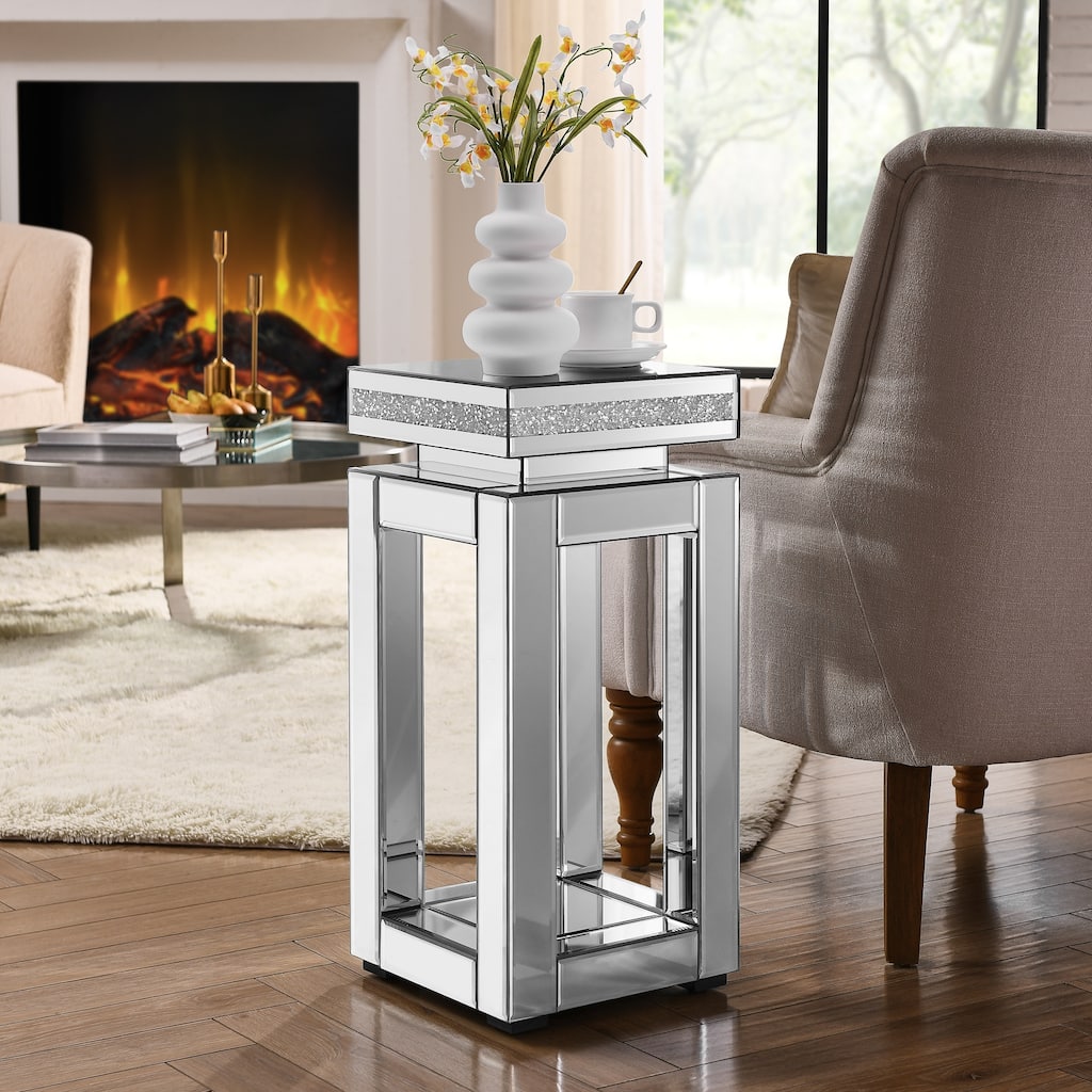 Mirrored End Table Square with Crystals Inlay, 2-Tier Modern Small Sofa Table with Storage, Silver Accent Table for Living Room