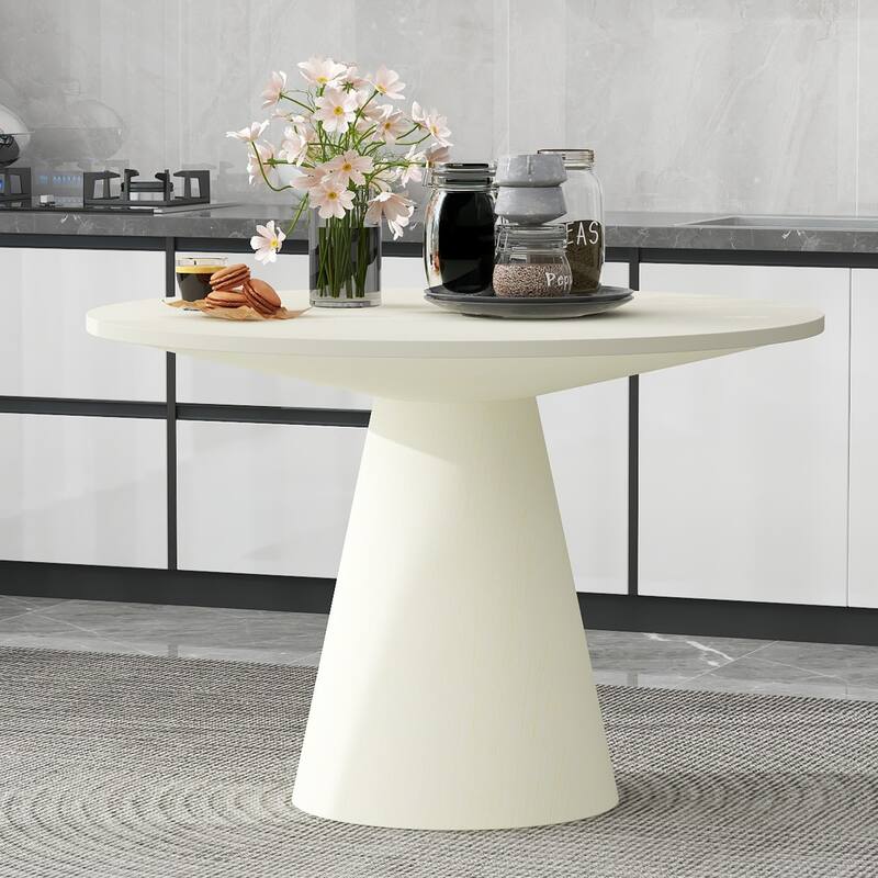 Retro Wood Round Minimalist Elegant Dining Table with Frustum Leg - Creamy White