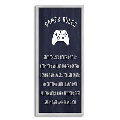 Stupell Blue Gamer Rules Motivational Phrases for Children Framed Wall Art