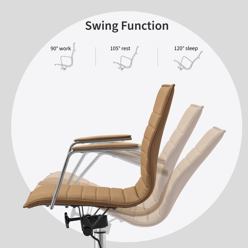 Set of 2 Modern Office Chairs | Upholstered PU Leather Ribbed Mid Back with Metal Frame | Adjustable Height, Tilt Lock