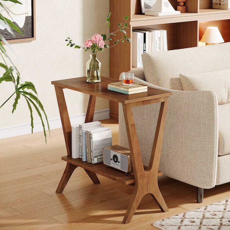 2-Tier Solid Wood End Table for Living Room with Sturdy Legs