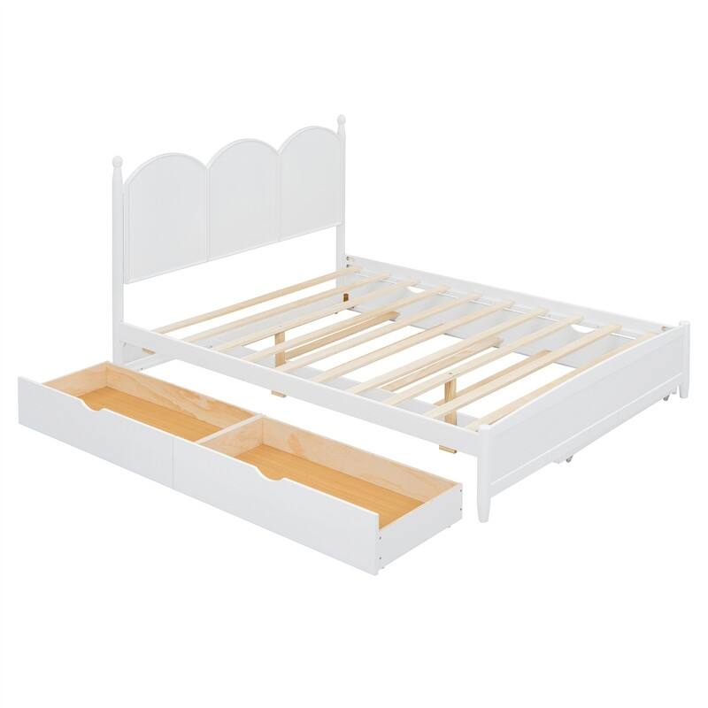 Queen Size Platform Bed with Twin XL Trundle and 2 Big Drawers, Wooden Bed Frame with Headboard and Slats Support