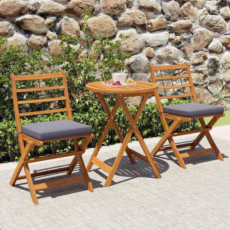 Gymax 3 PCS Acacia Wood Patio Bistro Set Folding Table & Chairs Set w/