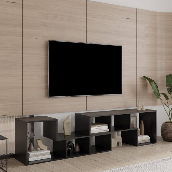 slide 11 of 54, Nestfair Double L-Shaped TV Stand with Display Shelf and Bookcase Black