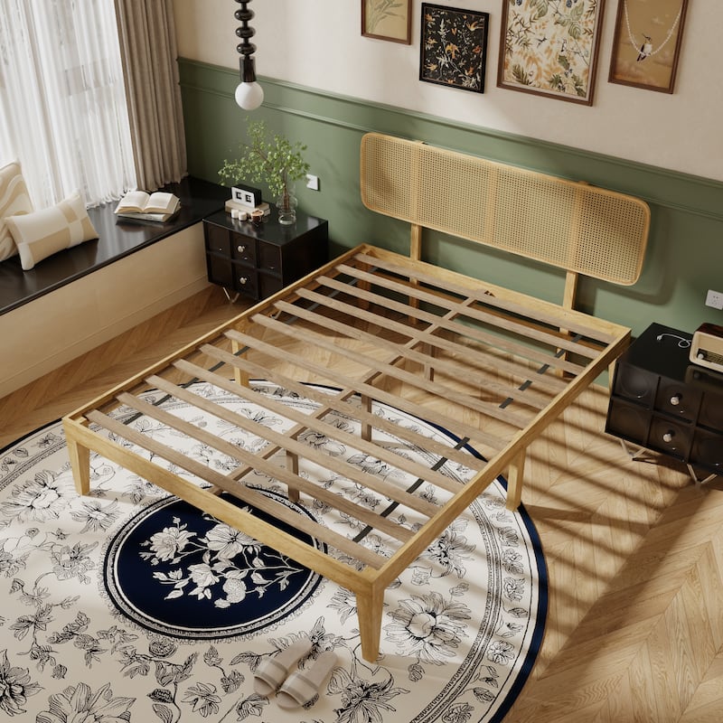 Solid Wood Bed Frame with Rattan Headboard - Natural Finish Platform Bed