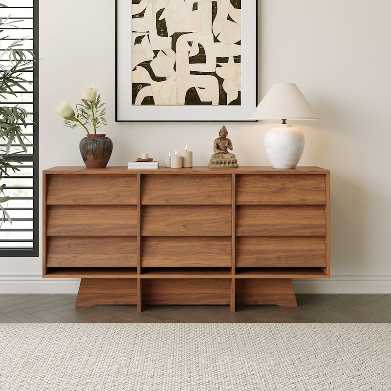 59”Mid Century Sideboards,Brown Wood Cabinets with 9 Drawers