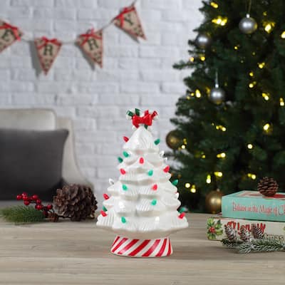12" Nostalgic Ceramic Lit Candy Cane Tree - Red