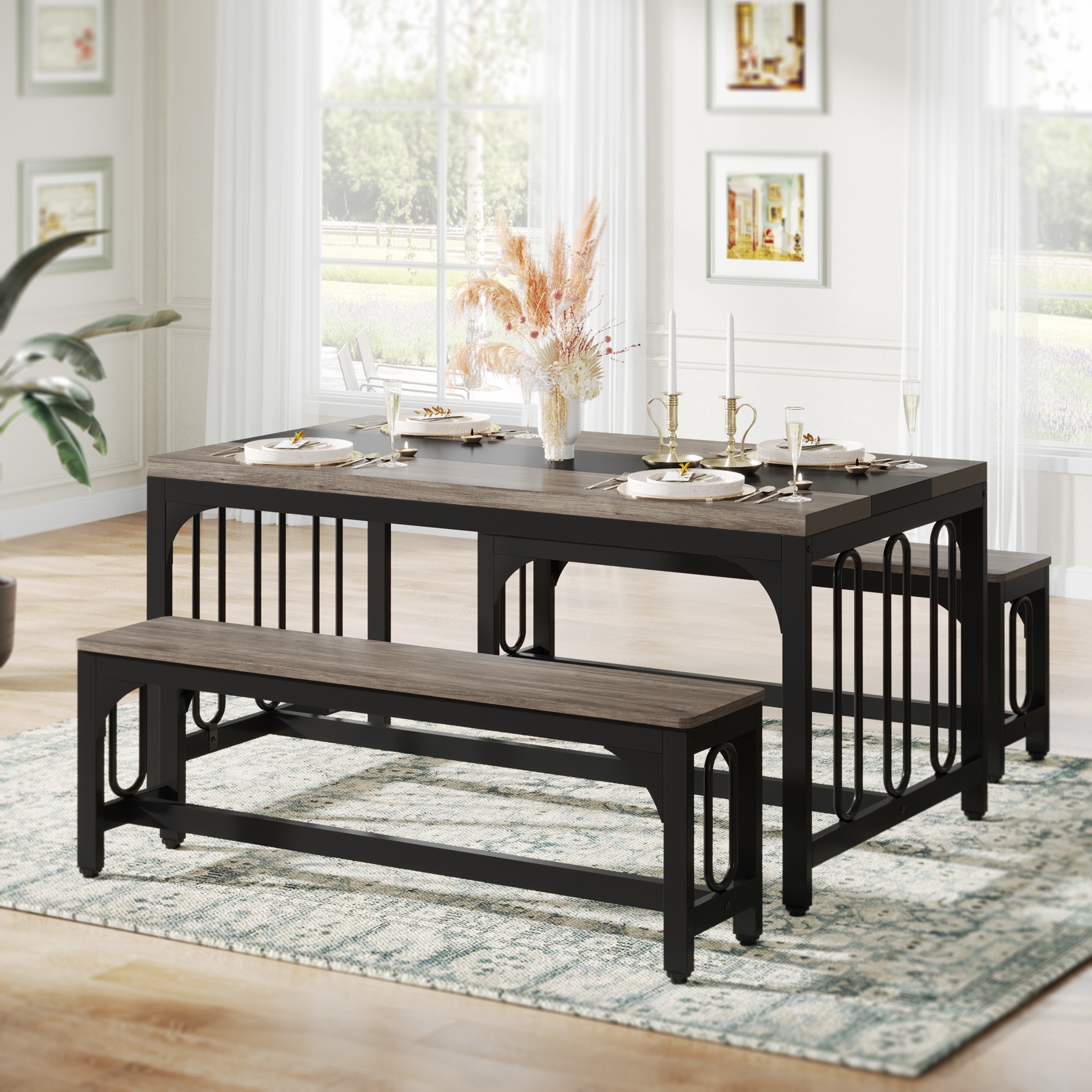 55 Dinning Room Table Set for 4 6 Farmhouse 3 Piece Kitchen Table with 2 Benches Breakfast Nook Bench Kitchen Nook Table Set Grey Black