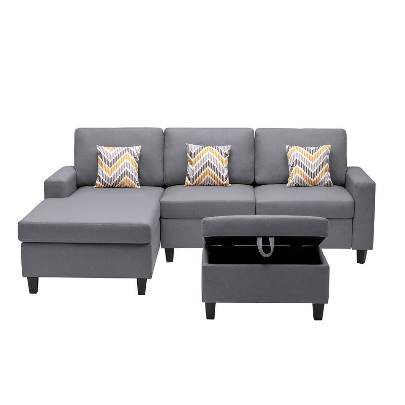 Linen Fabric 4 Piece Reversible Sofa Chaise with Interchangeable Legs and Storage Ottoman in Grey