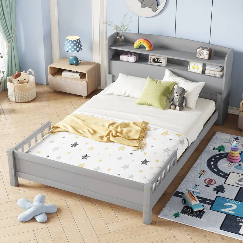 Pine Wood Bed with Bookcase Headboard