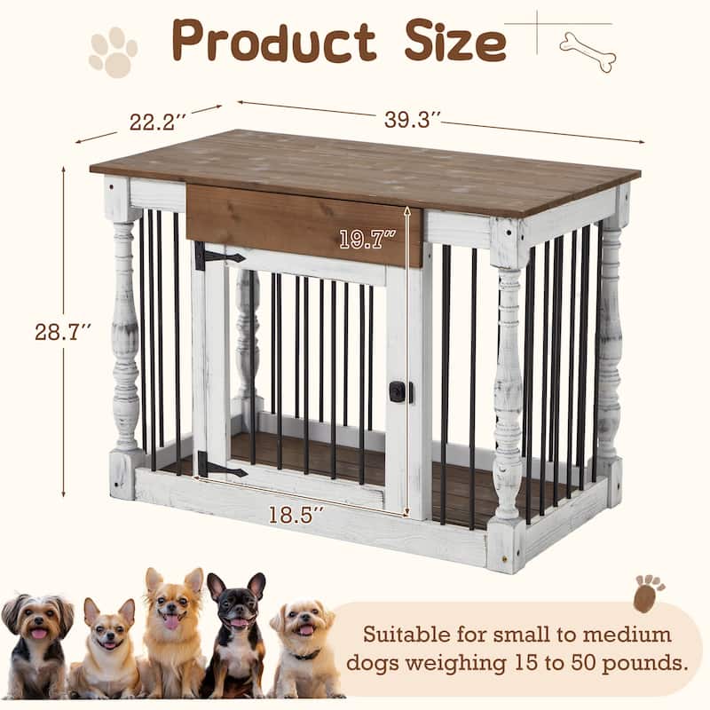 EROMMY 39" Wood Dog Crate Furniture – Waterproof Top, Roman Columns, Sturdy Iron Bar Kennel, Stylish End Table Indoor Dog Cage