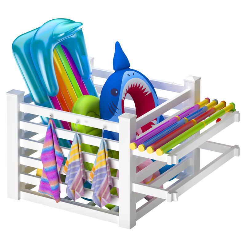 Waterproof Outdoor Pool Storage Bin with Hooks, Basket Holder or Long Panel for Poolside & Patio