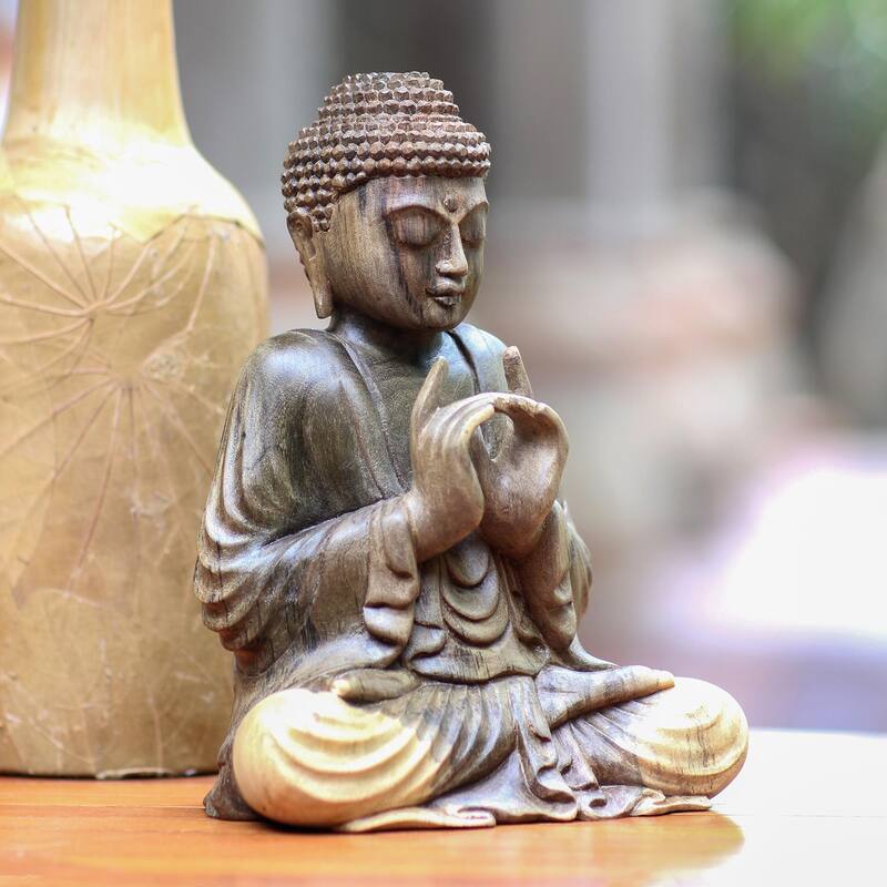 NOVICA Handmade Perfect Enlightenment Hibiscus Wood Sculpture - 8.25" H x 6.25" W x 4.3" D