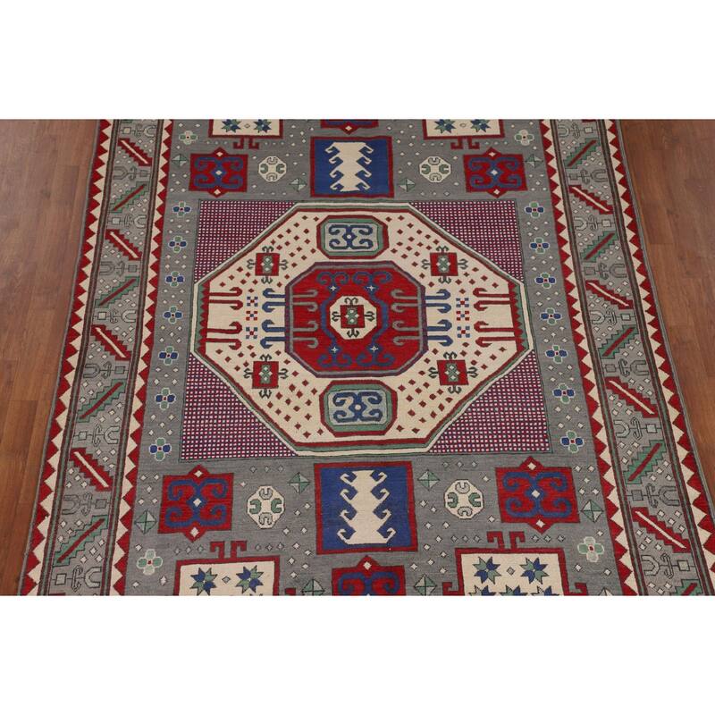 Geometric Gray Kazak Oriental Area Rug Handmade Wool Carpet - 6'4" x 10'0"
