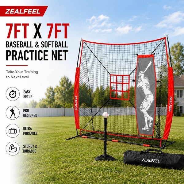 slide 2 of 12, Zealfeel 7 x 7 ft Baseball Net Set: Batting Tee, Dummy Batter, 2 Strike Zones & Carry Bag - 7 x 7 ft 7 x 7 ft - ‎Black & Red