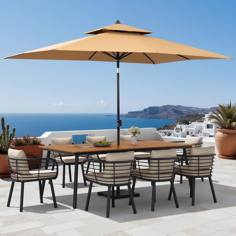 11PC Outdoor Patio Dining Set Aluminum Table with Sunbrella Cushion Chairs w/ Premium Market Umbrella Sets