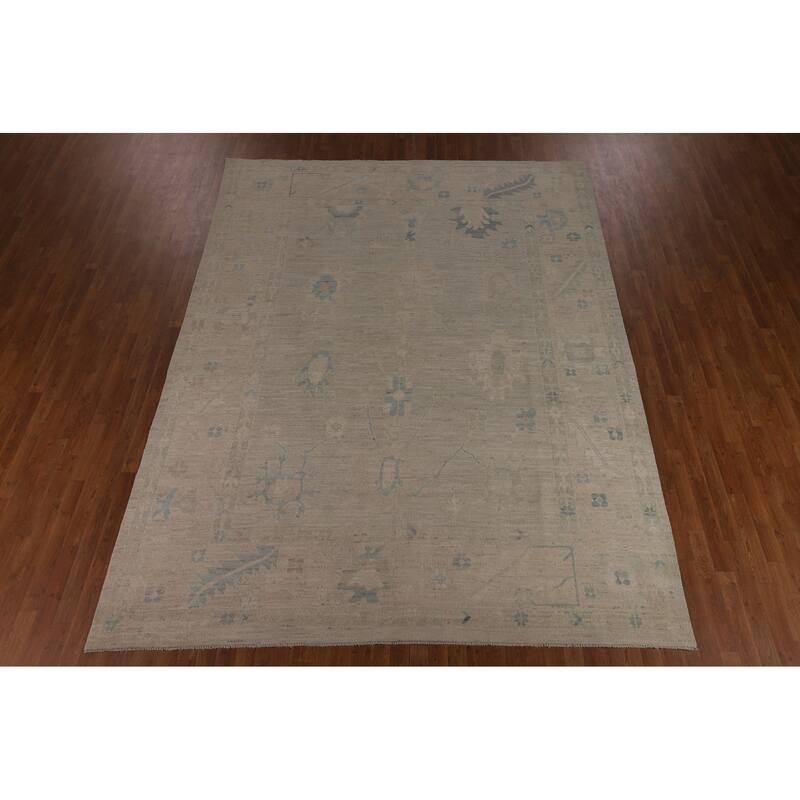Beige Vegetable Dye Oushak Turkish Rug Hand-Knotted Floral Wool Carpet - 8'11"x 11'7"