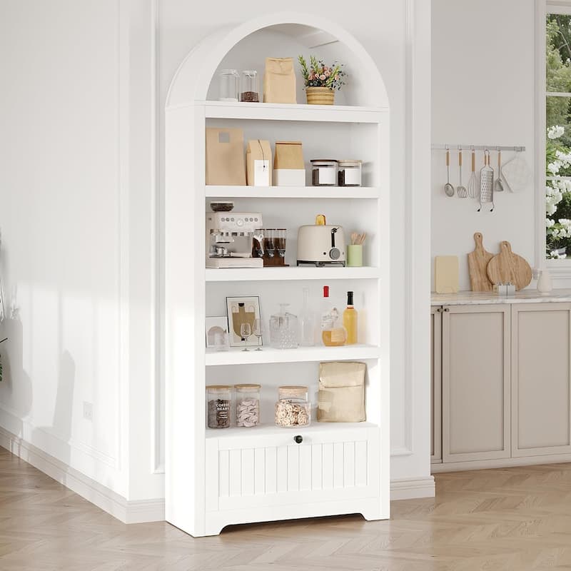 72 in 5-Tier Freestanding Arched Bookcase, Pantry Cabinet for Living Room, Office, Kitchen - White