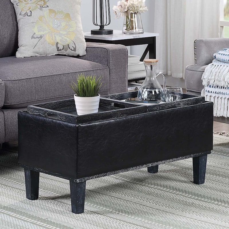 Upholstered Storage Ottoman with Dual Reversible Trays for Coffee Table, Seating and Storage in Small Spaces