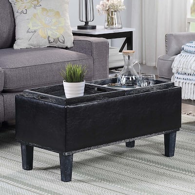 Upholstered Storage Ottoman with Dual Reversible Trays for Coffee Table, Seating and Storage in Small Spaces