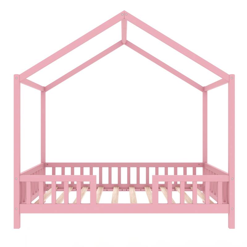 Twin Bed Frame for Kids, House Shape Toddler Bed Frame with High Railings, Wood Kids Bed with Roof