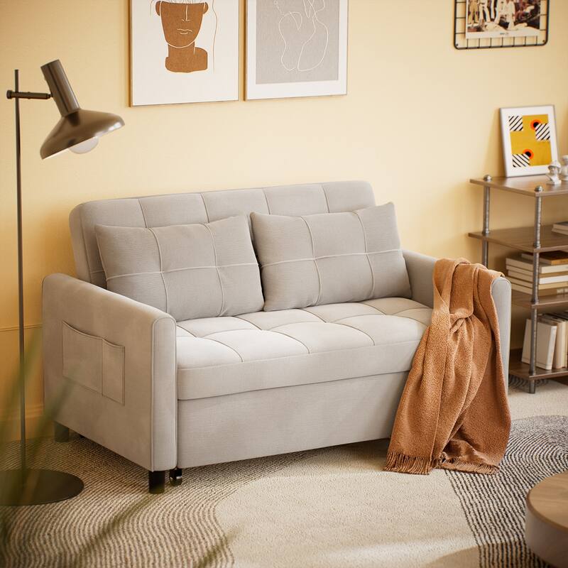 3 in 1 Convertible Sleeper Loveseat Couch, Futon Sofa Bed with Pull-Out Bed & Adjustable Backrest
