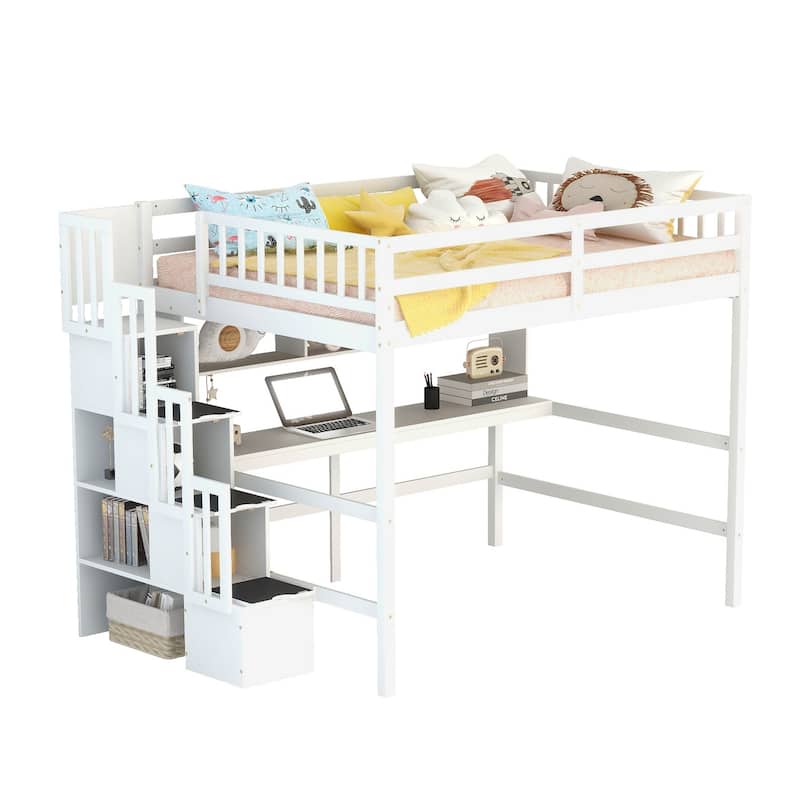 Full Size Loft Bed with Built-in Desk, Bookshelves and Storage Staircase,Grey - N/A