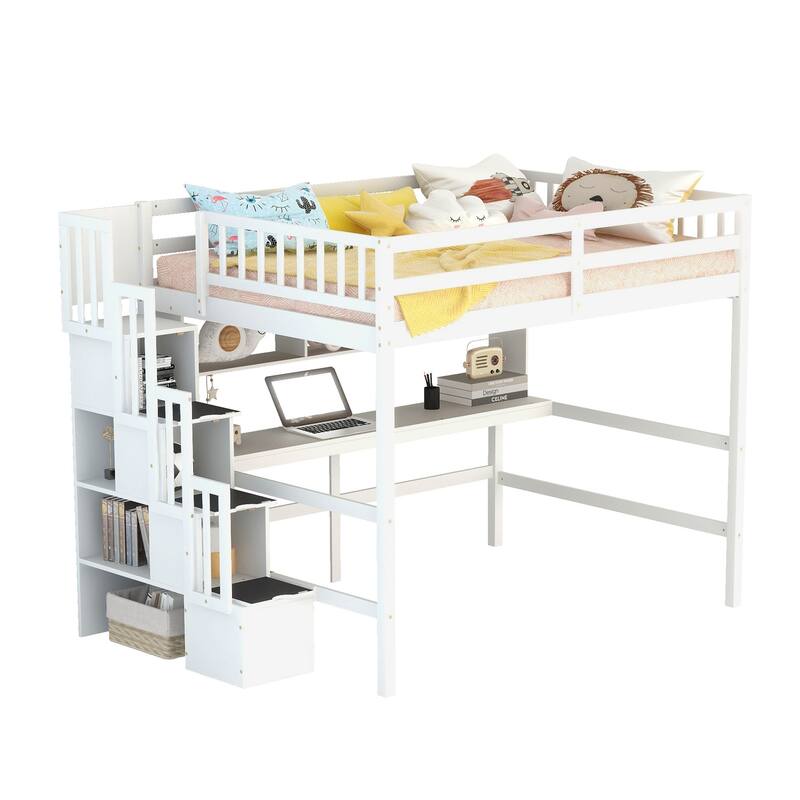Full Size Loft Bed with Display Stand Desk Underneath, Wood High Loft Bed Frame with Storage Staircase and Storage Shelves